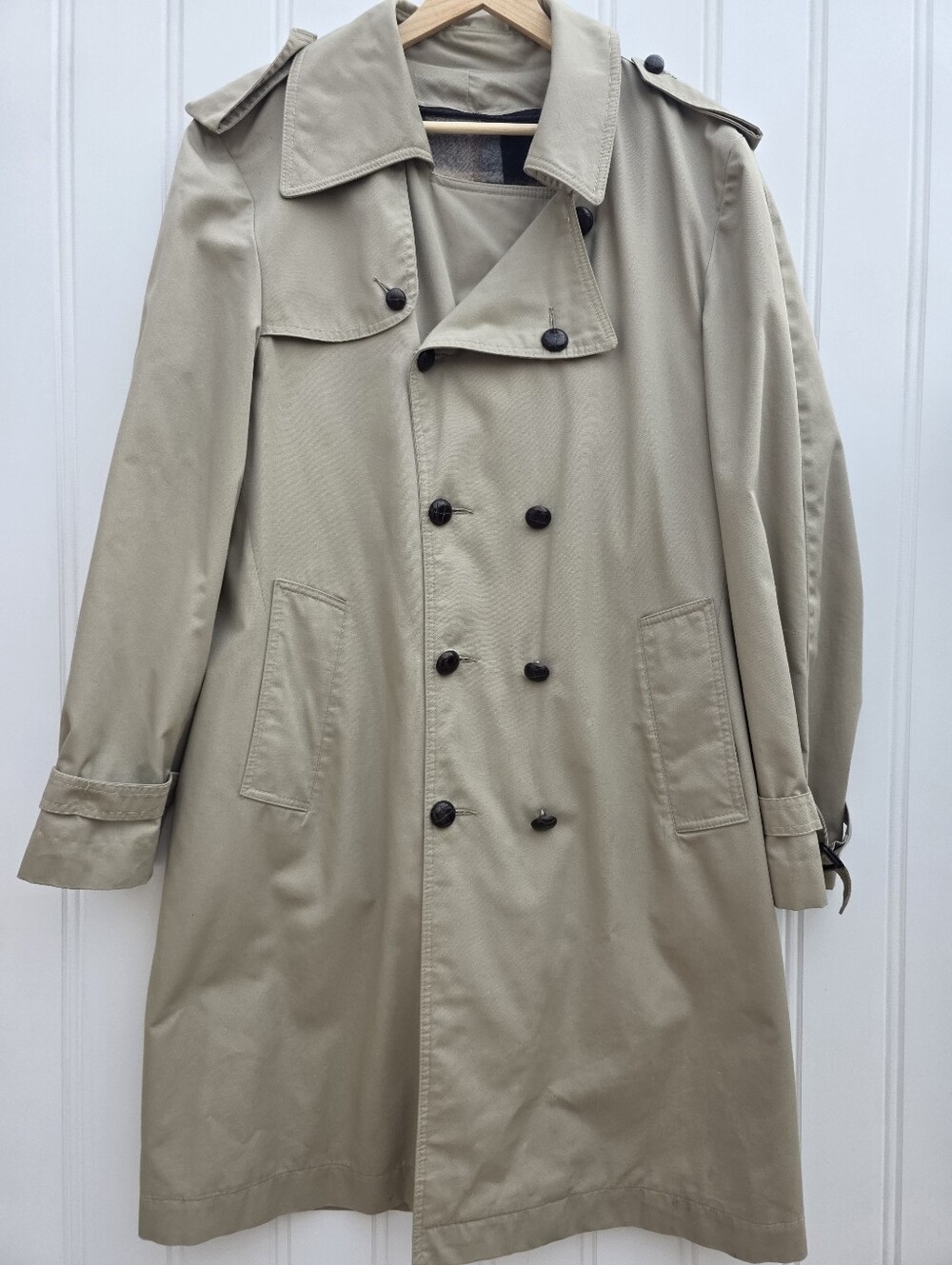 Vintage Sears Double Breasted Wool Plaid Trench Coat Tan Mens Size 42